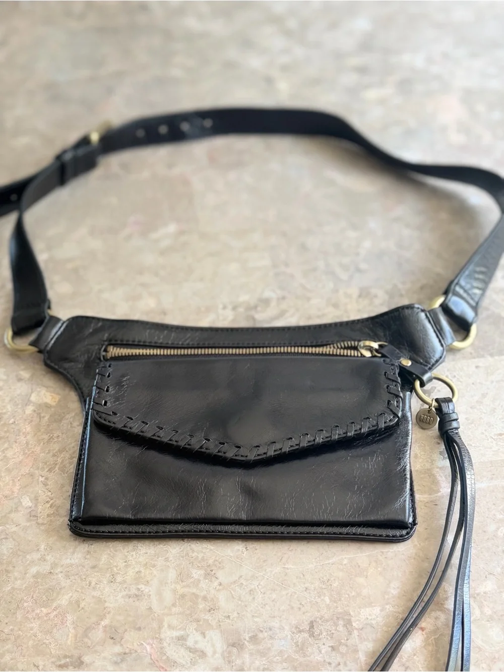 HOBO International Black Leather Belt Bag Fanny Pack Waist Bag Organizer 7”